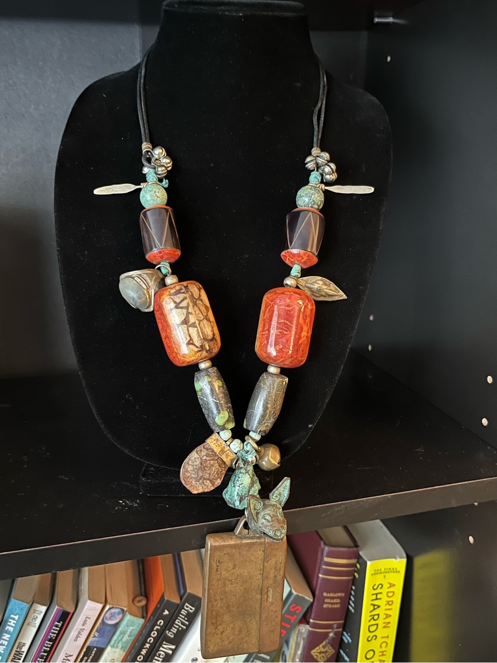 Adjustable Necklace W/ Turquoise, Red Coral, Silver Beads/Charms Copper NAD Tin